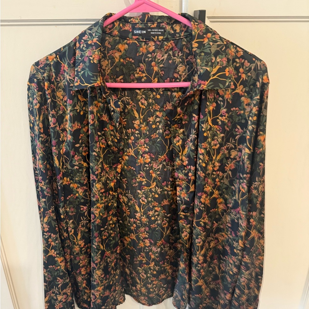 SHEIN Black and Orange Casual Button Down Shirt with Floral Design